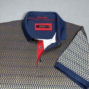 Barabas Mens Polo Shirt XL Blue Gold Geometric Pattern Short Sleeve Cotton